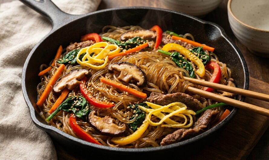 Recette Japchae : nouilles de patate douce sautées coréennes