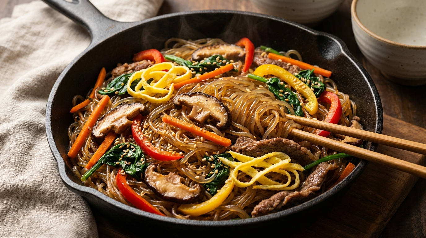 découvrez la recette authentique du japchae, des nouilles de patate douce sautées à la coréenne, savoureuses et faciles à préparer pour un repas équilibré et gourmand.