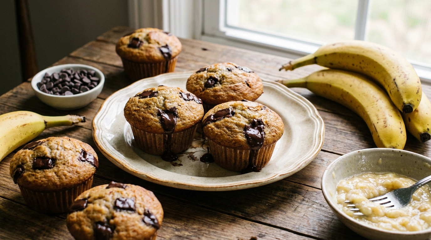 découvrez cette recette moelleuse de muffins banane chocolat, parfaite pour éviter le gaspillage en utilisant des bananes mûres.