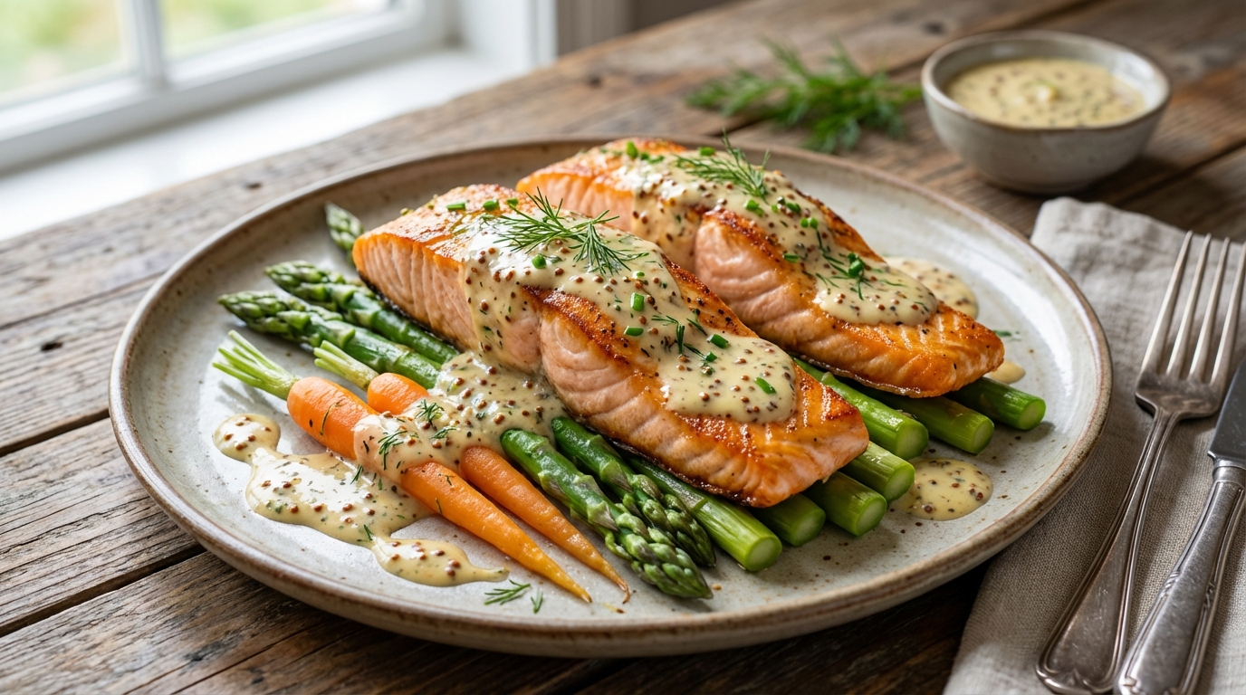 découvrez notre recette de pavés de saumon à la sauce moutarde, un plat savoureux et équilibré, relevé juste ce qu'il faut pour ravir vos papilles.