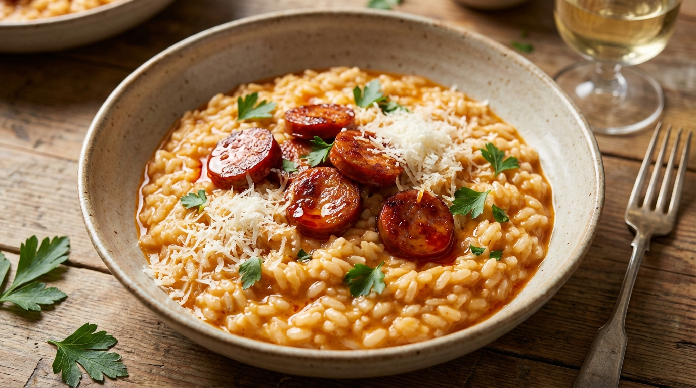 découvrez une recette savoureuse de risotto au chorizo et parmesan, alliant crémeux et saveurs piquantes pour un plat riche et gourmand.