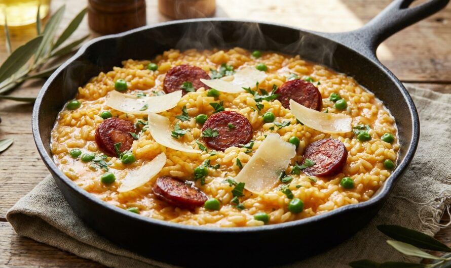 Recette Risotto au chorizo et parmesan : crémeux et piquant