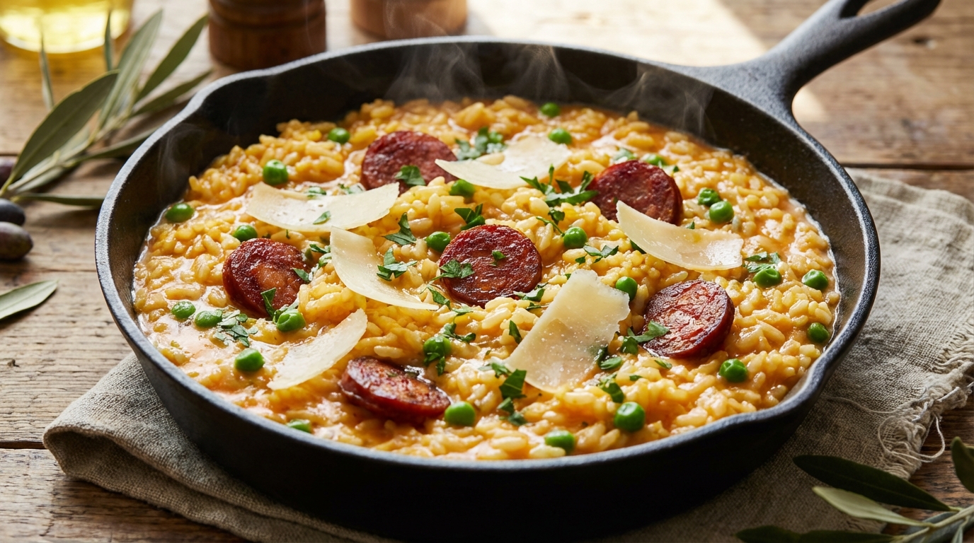 découvrez notre recette de risotto au chorizo et parmesan, un plat crémeux et piquant qui ravira vos papilles. facile à préparer et parfait pour un repas gourmand.
