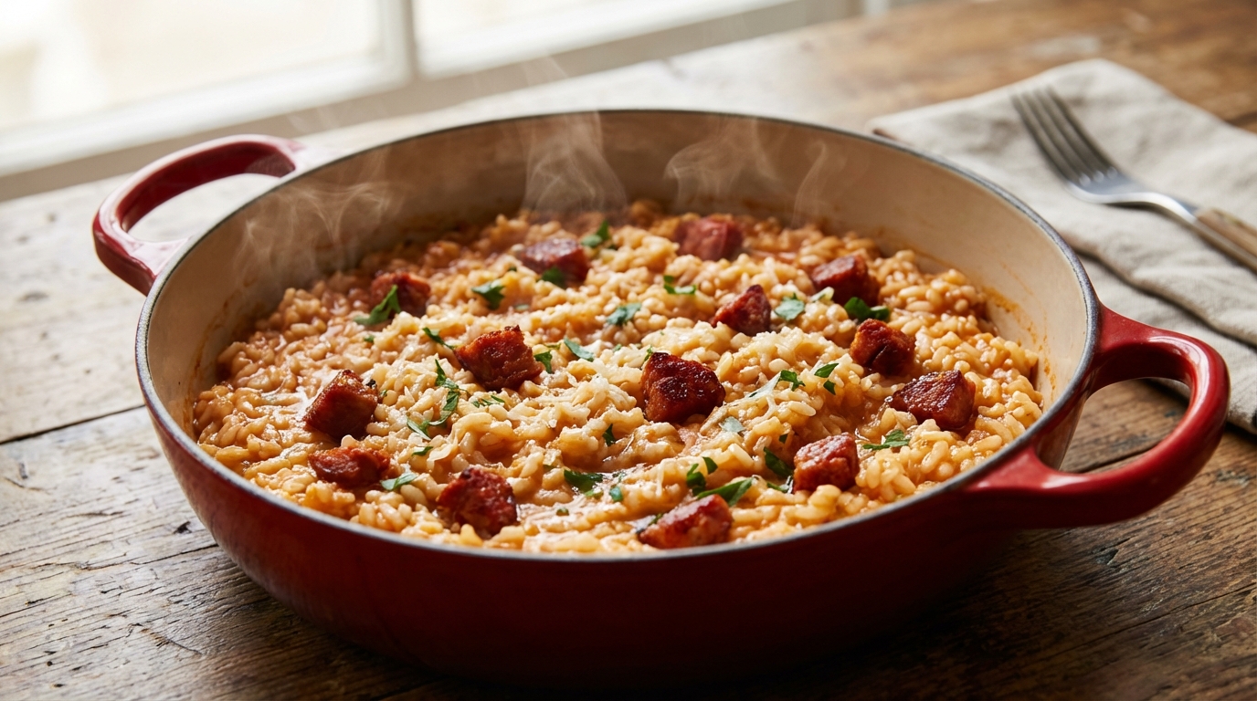 découvrez notre recette de risotto au chorizo, une délicieuse fusion de saveurs espagnoles et italiennes pour un plat savoureux et crémeux.