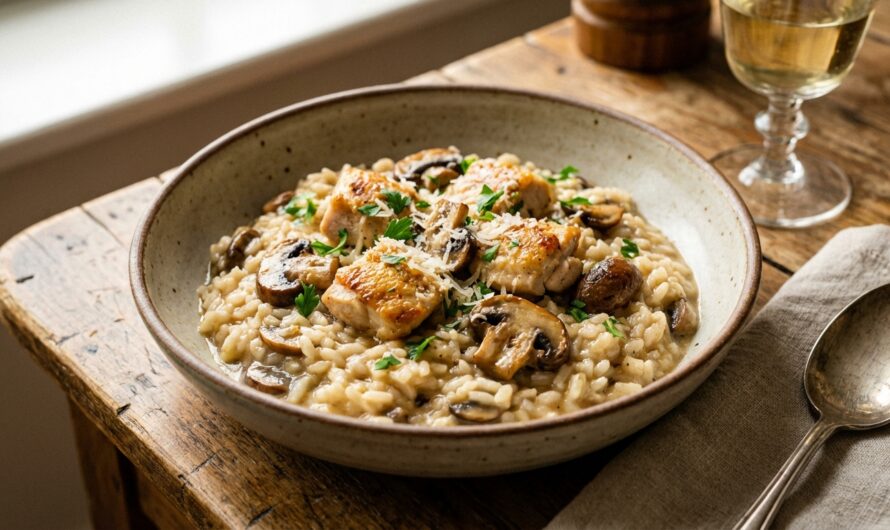 Recette Risotto au poulet et champignons : crémeux à souhait