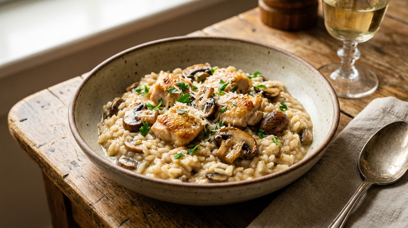 découvrez notre recette facile et rapide de risotto au poulet et champignons, un plat crémeux et savoureux parfait pour un repas réconfortant.