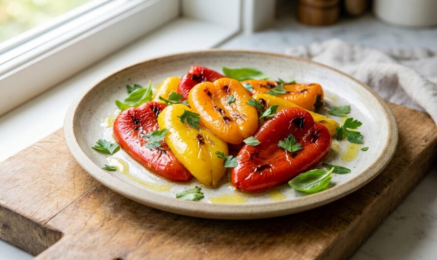Recette Salade de poivrons marinés : grillés au four sans peau