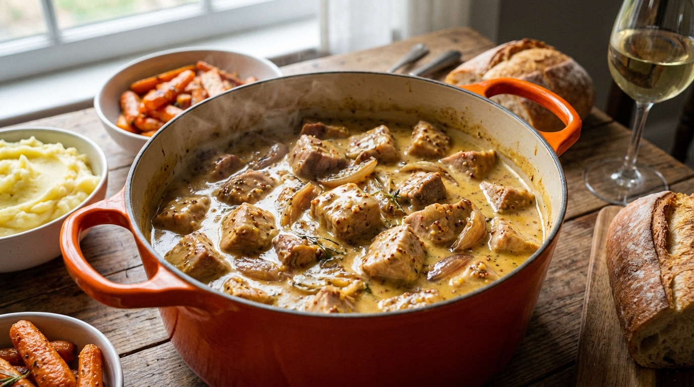 découvrez notre recette de sauté de porc à la moutarde à l'ancienne, avec une sauce onctueuse et savoureuse, facile à préparer pour un repas gourmand.