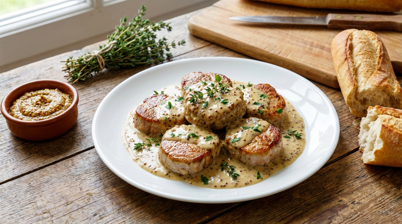 découvrez notre recette facile et savoureuse de sauté de porc à la moutarde à l'ancienne, accompagnée d'une sauce onctueuse qui ravira vos papilles.