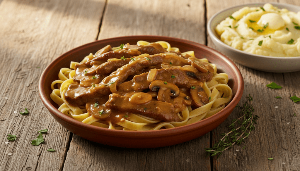 découvrez une recette simplifiée de bœuf stroganov accompagnée de suggestions gourmandes pour un repas savoureux et facile à préparer.