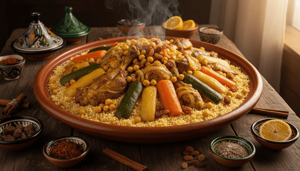 découvrez le vrai couscous marocain avec des ingrédients authentiques et une semoule parfaitement préparée pour un goût traditionnel et savoureux.