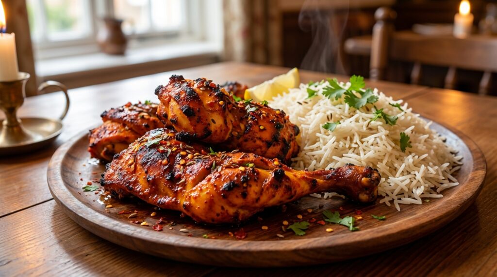 découvrez notre recette de poulet tandoori avec une marinade épicée savoureuse accompagnée de riz basmati parfumé, facile à préparer et pleine de saveurs indiennes authentiques.