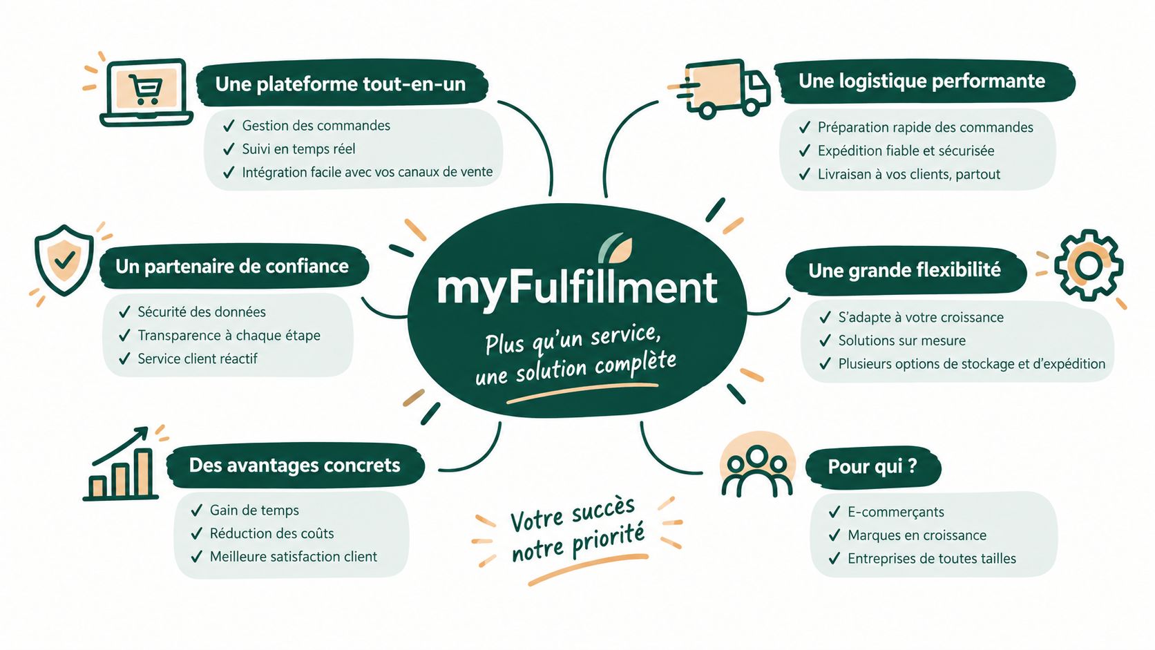 Carte heuristique présentant les services de myFulfillment pour la logistique e-commerce, incluant flexibilité, performance et confiance.