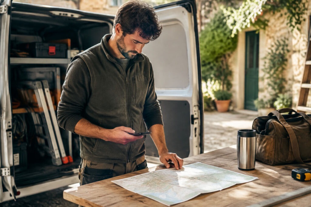 Camionnette, compteur kilométrique et devis pour facturer frais de déplacement artisan