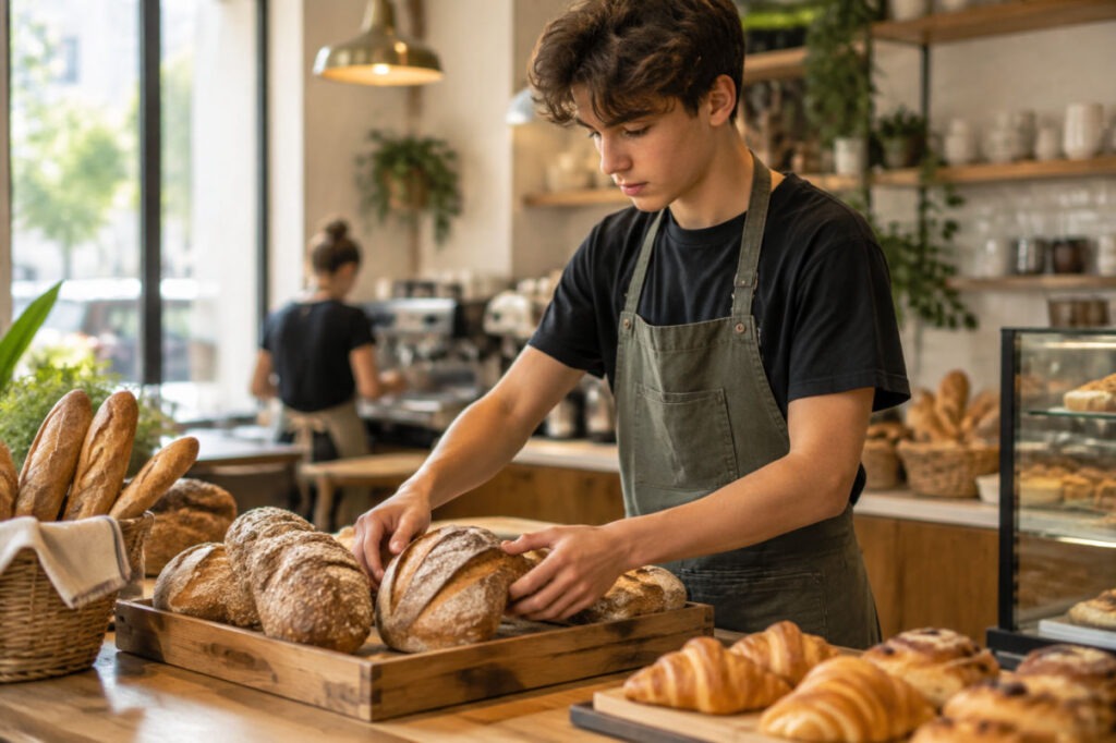 Jeune serveur en terrasse illustrant les règles pour travailler à 16 ans